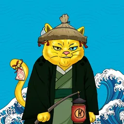 Cat with lantern before the great wave