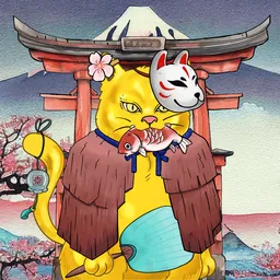 Cat with kitsune mask and koi