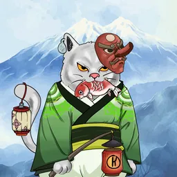 White cat with oni mask