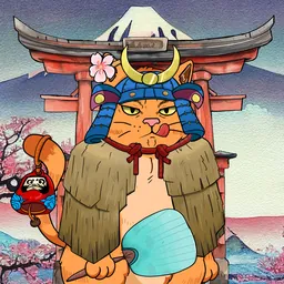 Cat in blue kabuto helmet