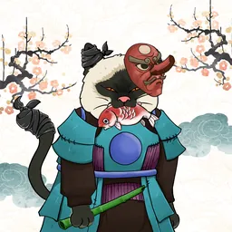 Black cat in oni mask with koi and bamboo